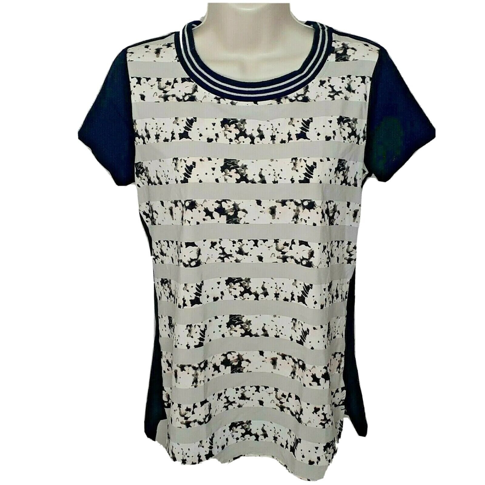 Lands End Top Womens Size Xs Black Floral Striped Solid Back Short Sleeve